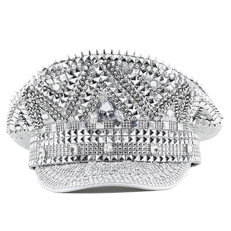 Silver Rhinestone and Rivet Festival Captain's Hat - Ra The Boutique -  - #tag1# - #tag2#