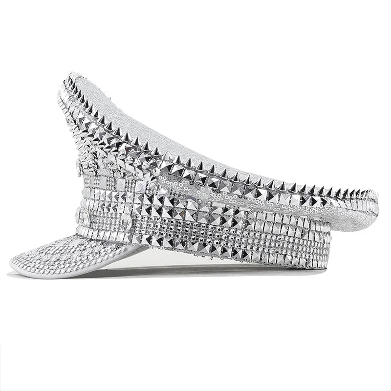 Silver Rhinestone and Rivet Festival Captain's Hat - Ra The Boutique -  - #tag1# - #tag2#