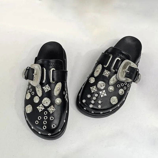 Silver Rivet and Buckle Embellished Mules - Ra The Boutique