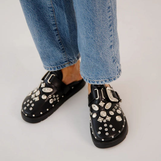 Silver Rivet and Buckle Embellished Mules - Ra The Boutique