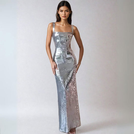 Silver Sequin Square Neck Open Back Maxi Dress - Ra The Boutique