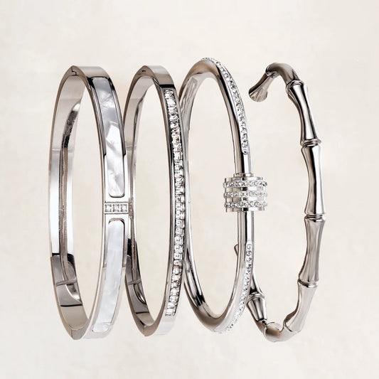 Sleek Stainless Steel Diamante Cuff Bracelet – Silver or 18k Gold Plated, Hypoallergenic, Water-Resistant - Ra The Boutique - 