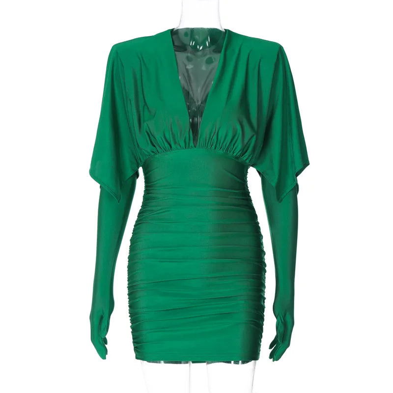 Slinky Plunging Neck Ruched Mini Dress with Matching Gloves – Midnight Black or Emerald Green - Ra The Boutique - 
