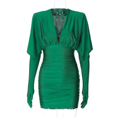 Slinky Plunging Neck Ruched Mini Dress with Matching Gloves – Midnight Black or Emerald Green - Ra The Boutique - 