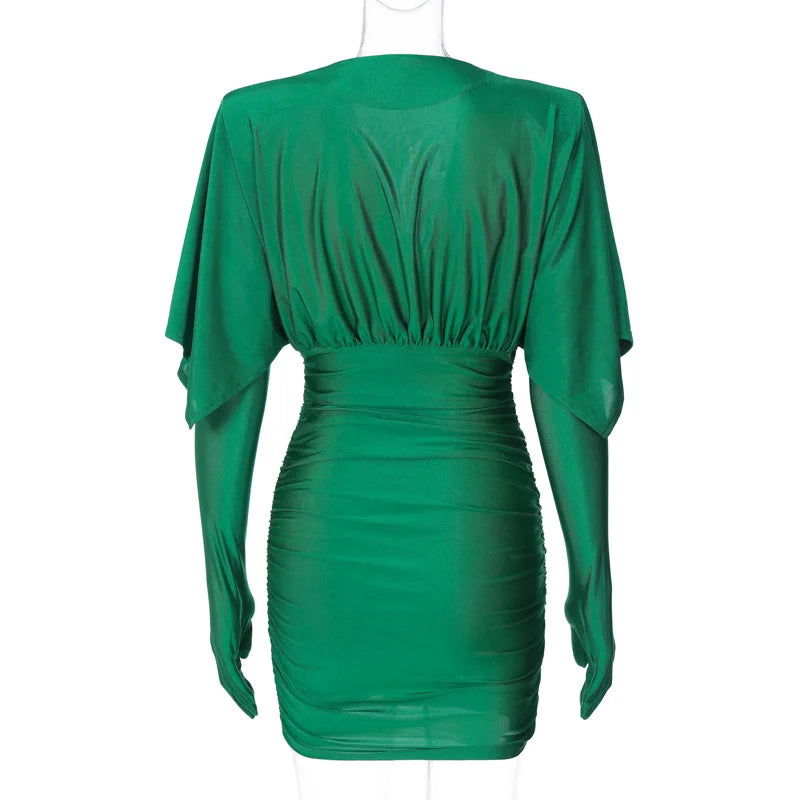 Slinky Plunging Neck Ruched Mini Dress with Matching Gloves – Midnight Black or Emerald Green - Ra The Boutique - 