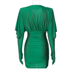 Slinky Plunging Neck Ruched Mini Dress with Matching Gloves – Midnight Black or Emerald Green - Ra The Boutique - 