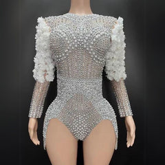 Sparkling Pearl & Diamante Bodysuit - Perfect for Festivals, Raves & Cosplay - Ra The Boutique - 