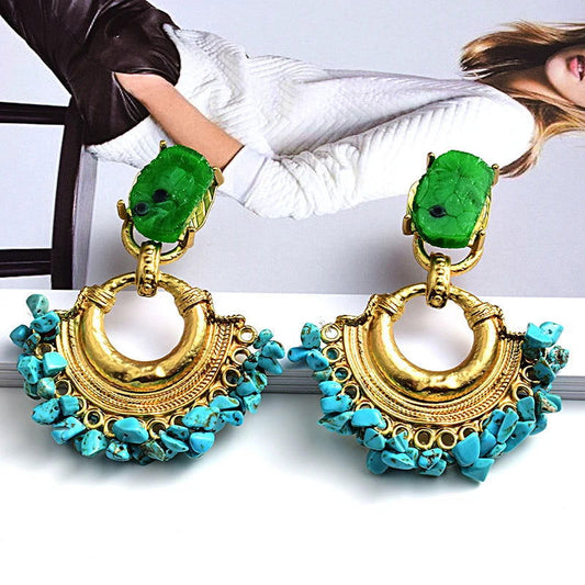 Stone and Gold Bohemian Statement Drop Earrings - Ra The Boutique