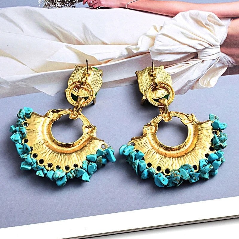 Stone and Gold Bohemian Statement Drop Earrings - Ra The Boutique