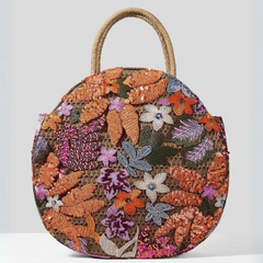 Straw Handle Round Floral Knit Sequin Tote Bag - Ra The Boutique
