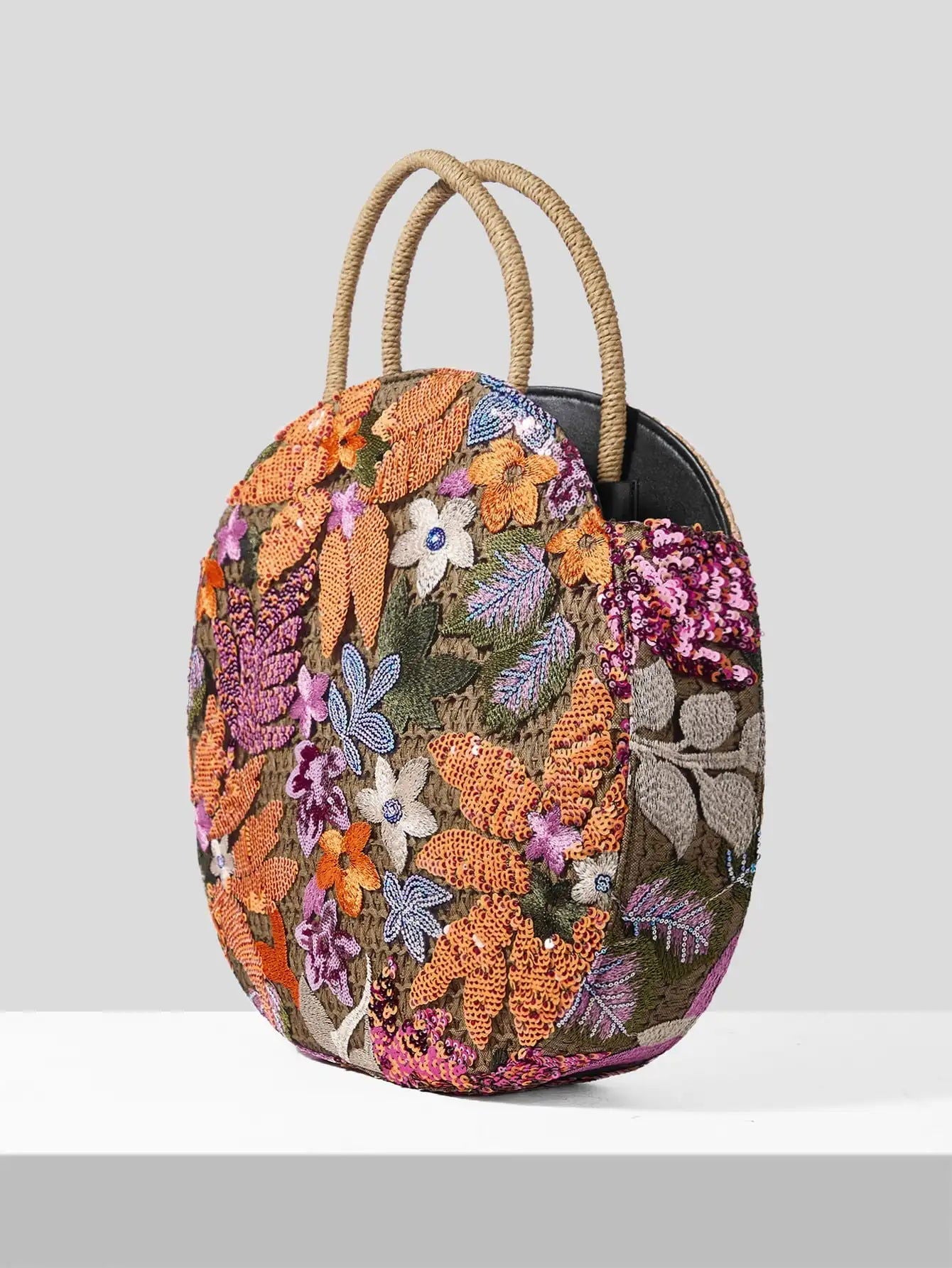 Straw Handle Round Floral Knit Sequin Tote Bag - Ra The Boutique