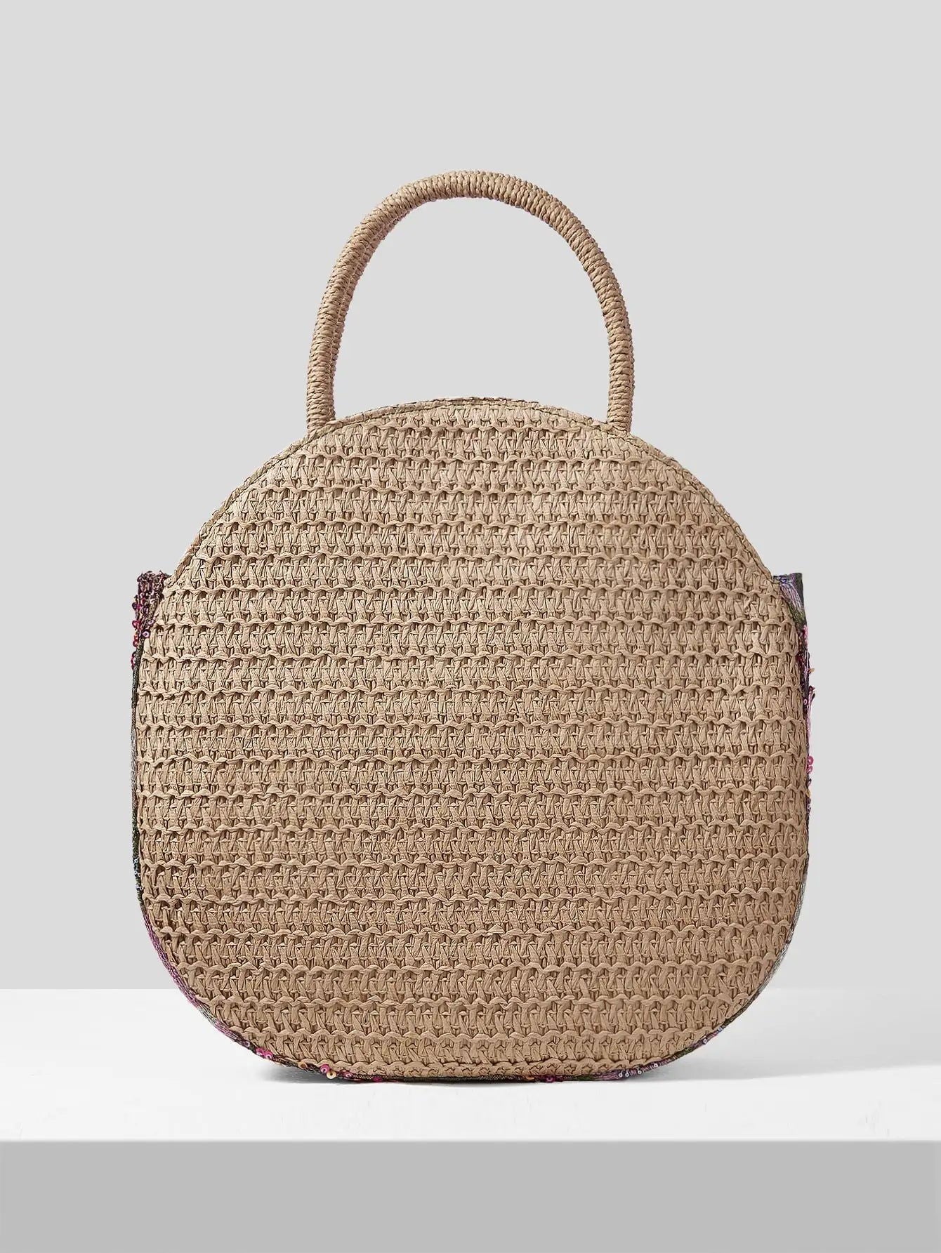 Straw Handle Round Floral Knit Sequin Tote Bag - Ra The Boutique