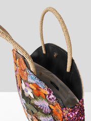 Straw Handle Round Floral Knit Sequin Tote Bag - Ra The Boutique