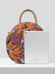 Straw Handle Round Floral Knit Sequin Tote Bag - Ra The Boutique