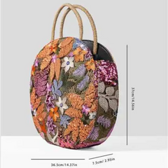 Straw Handle Round Floral Knit Sequin Tote Bag - Ra The Boutique
