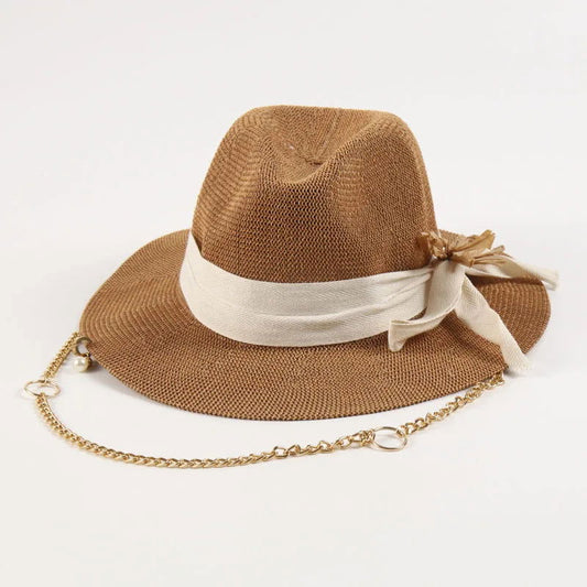 Straw Panama Sun Hat with Gold Chain Strap - Ra The Boutique