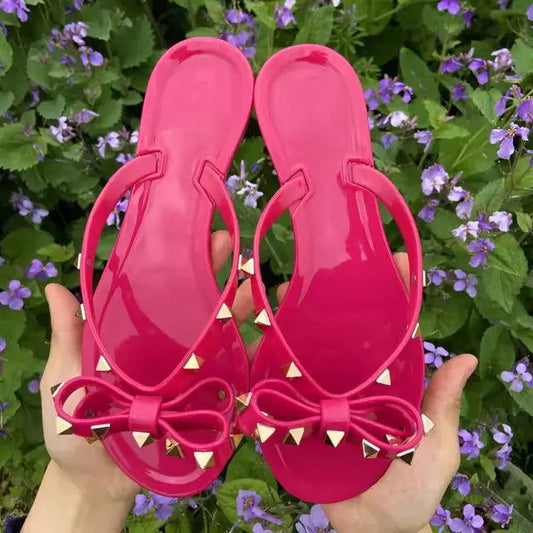 Studded Bow PVC Jelly Flip Flop Sandals - Ra The Boutique - Sandals - #tag1# - #tag2#
