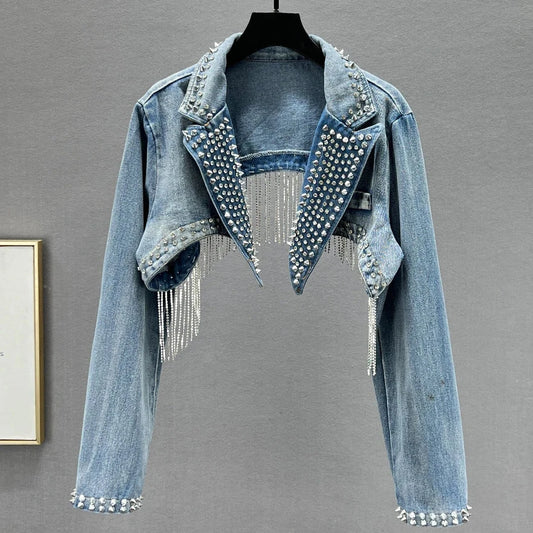 Studded Rivet Crystal Fringed Crop Denim Cowgirl Jacket - Ra The Boutique