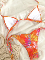 Swirl Print Multicolor Triangle Bikini – Halter Style with Gold Body Chain - Ra The Boutique - 
