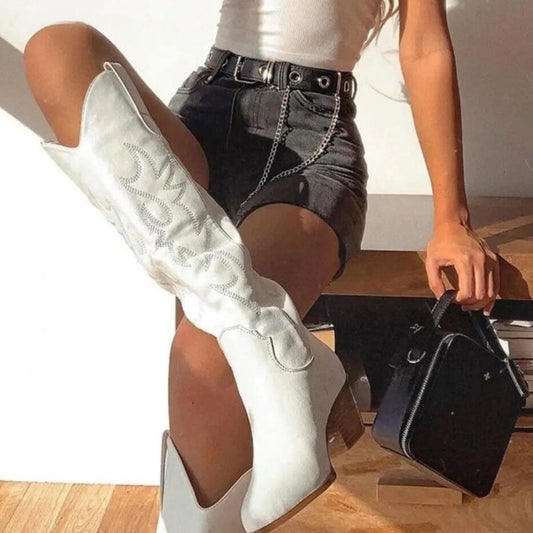 Vegan Leather Embroidered Knee-High Cowboy Boots - Ra The Boutique
