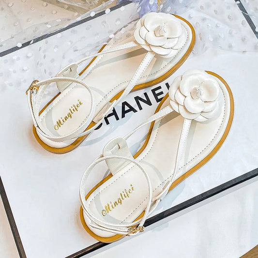Vegan Leather Flower Applique Open Toe Sandals - Ra The Boutique