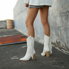 Vegan Leather Fringe Mid Calf Cowboy Boots - Ra The Boutique