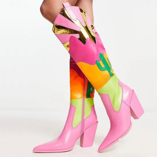 Vegan Leather Knee High Pink Desert Sunset Cowboy Boots - Ra The Boutique