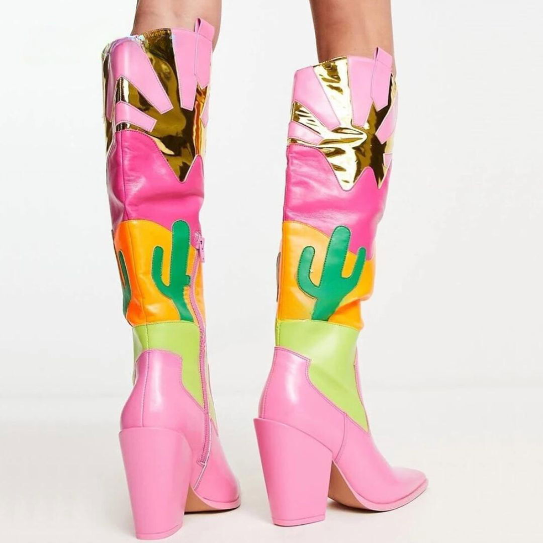 Vegan Leather Knee High Pink Desert Sunset Cowboy Boots - Ra The Boutique