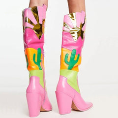 Vegan Leather Knee High Pink Desert Sunset Cowboy Boots - Ra The Boutique