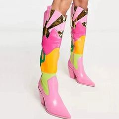 Vegan Leather Knee High Pink Desert Sunset Cowboy Boots - Ra The Boutique