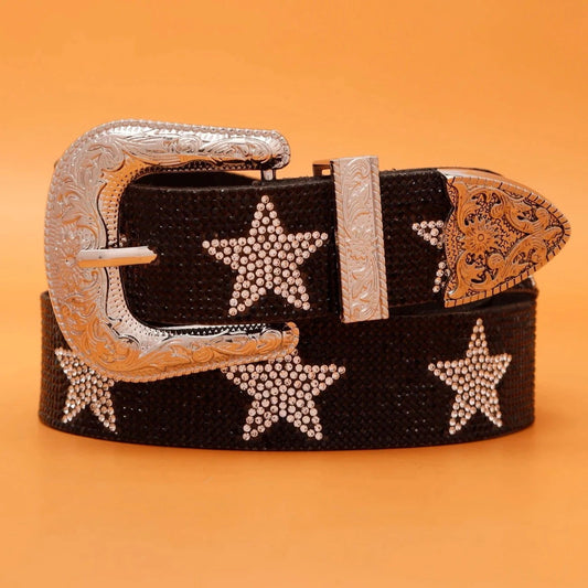 Vegan Leather Star Diamante Western Belt - Ra The Boutique