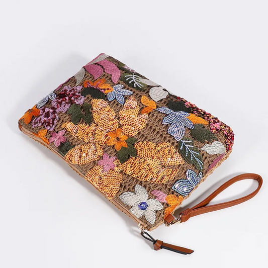 Vegan Leather Strap Floral Knit Sequin Wristlet - Ra The Boutique