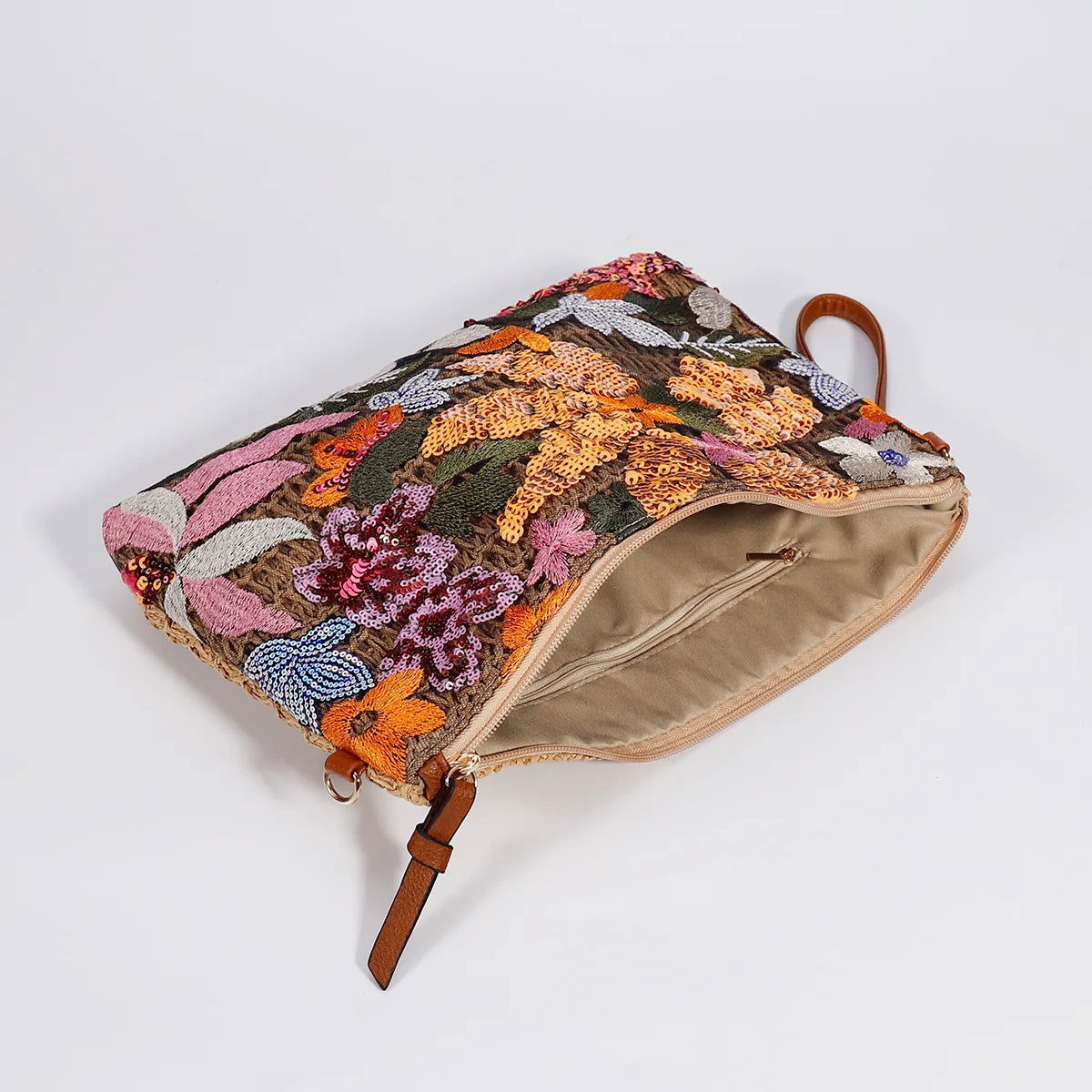 Vegan Leather Strap Floral Knit Sequin Wristlet - Ra The Boutique