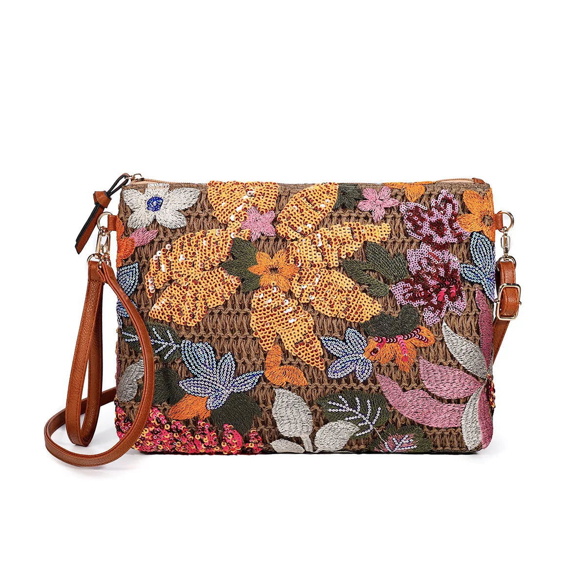 Vegan Leather Strap Floral Knit Sequin Wristlet - Ra The Boutique