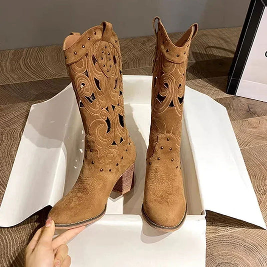 Vegan Suede Embroidered Cut Out Studded Cowboy Boots - Ra The Boutique