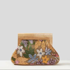 Wood Handle Floral Knit Sequin Clutch Bag - Ra The Boutique