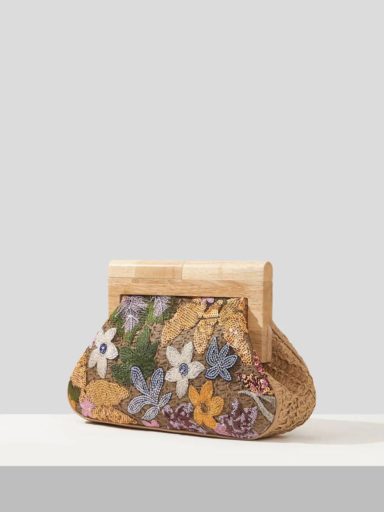 Wood Handle Floral Knit Sequin Clutch Bag - Ra The Boutique