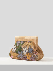 Wood Handle Floral Knit Sequin Clutch Bag - Ra The Boutique