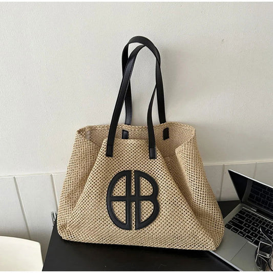 Woven Contrast Strap Beach Bag - Ra The Boutique